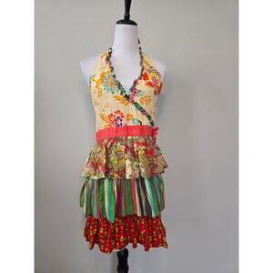 Boho Y2K Multi Print Halter Apron Top Ruffle Layered Festival Size L Hippie